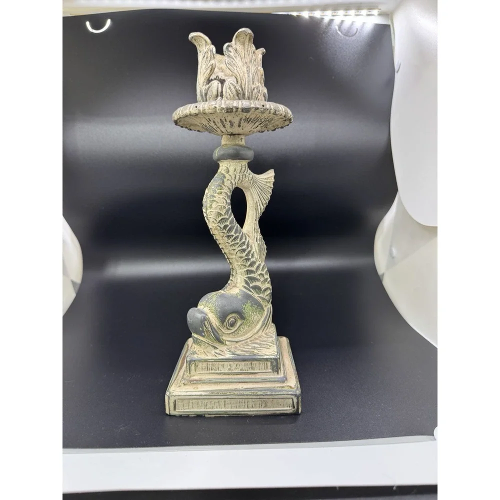 Antique Cast Iron Dolphin‎ / Koi Candlestick
